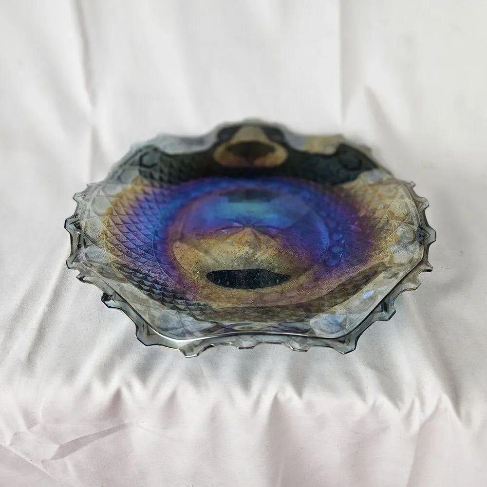 Indiana Glass Blue Iridescent Diamond Cut Ruffled Edge Carnival Glass